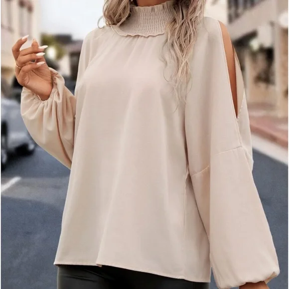 Elegant Smocked Mock Neck Cut Out Cold Shoulder Top Blouse Shirt - Picture 3 of 7